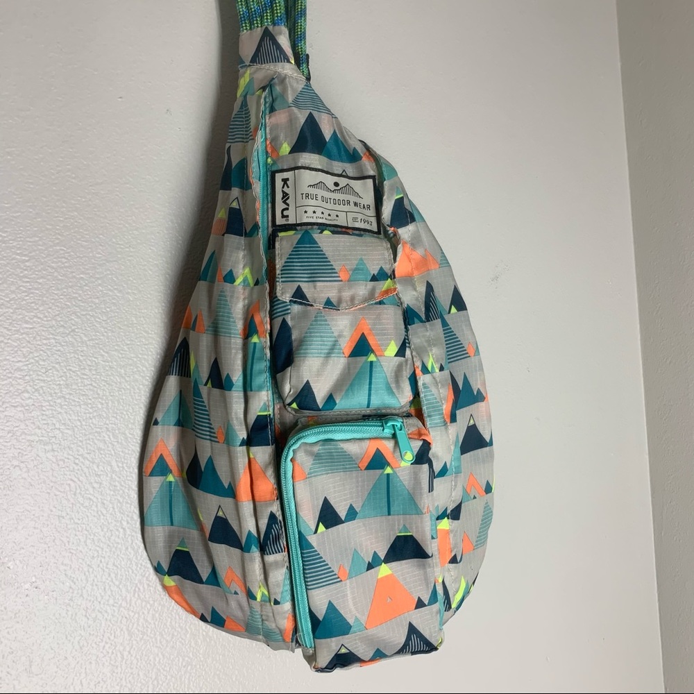 KAVU Rope Sling Backpack Blue Triangle Tent Print